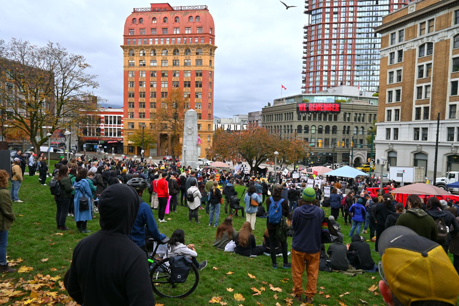 A rally for DULF fills Victory Square, at the edge of Gastown.