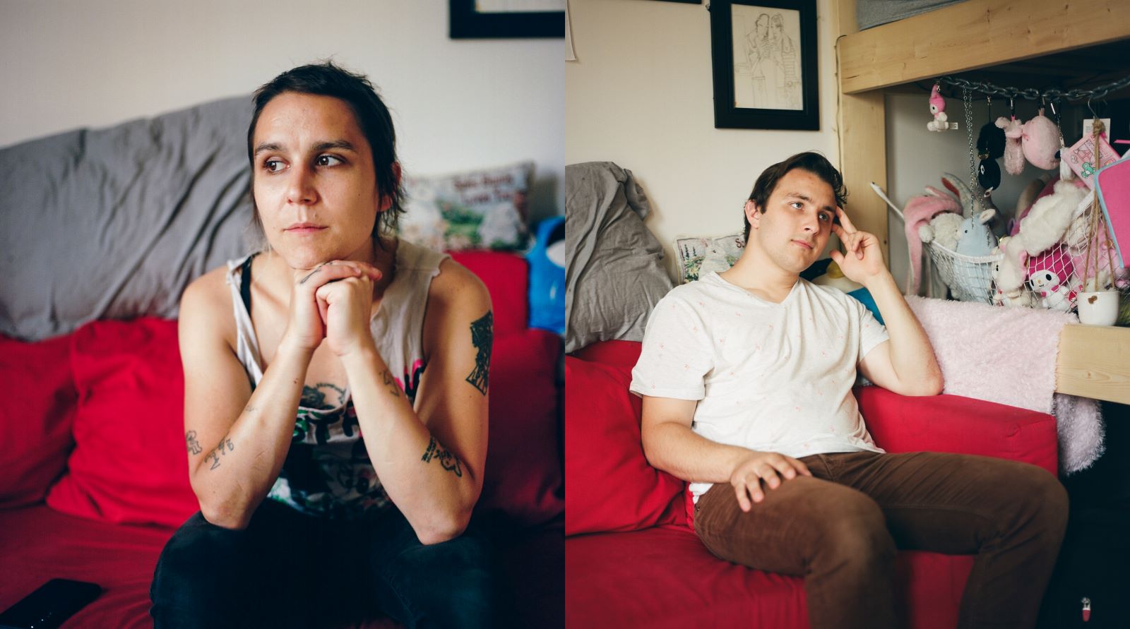 Left: Eris Nyx, a light-skinned woman dressed in black jeans and a home-cut tank top, sits on a red couch with her chin resting on her hands. Right: Jeremy Kalicum, a light-skinned man, sits on a red couch, looking off-camera. A webbed hammock full of stuffed animals is visible behind him.