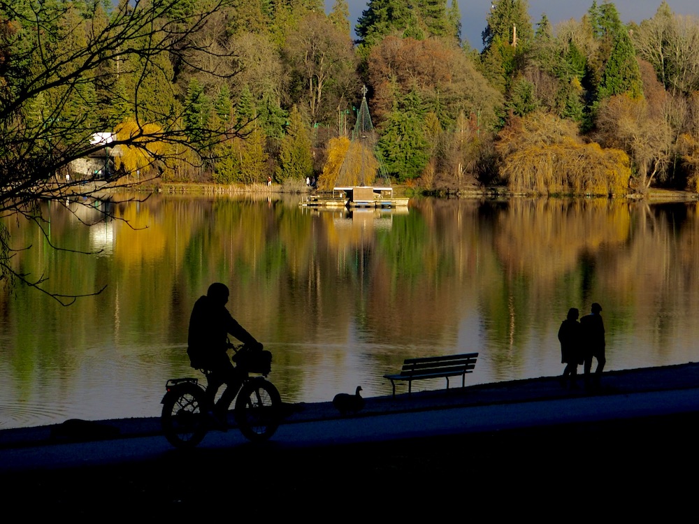 A small lake surrounded by trees in mid-winter sunlight. Cyclists and joggers can be seen in silhouette.