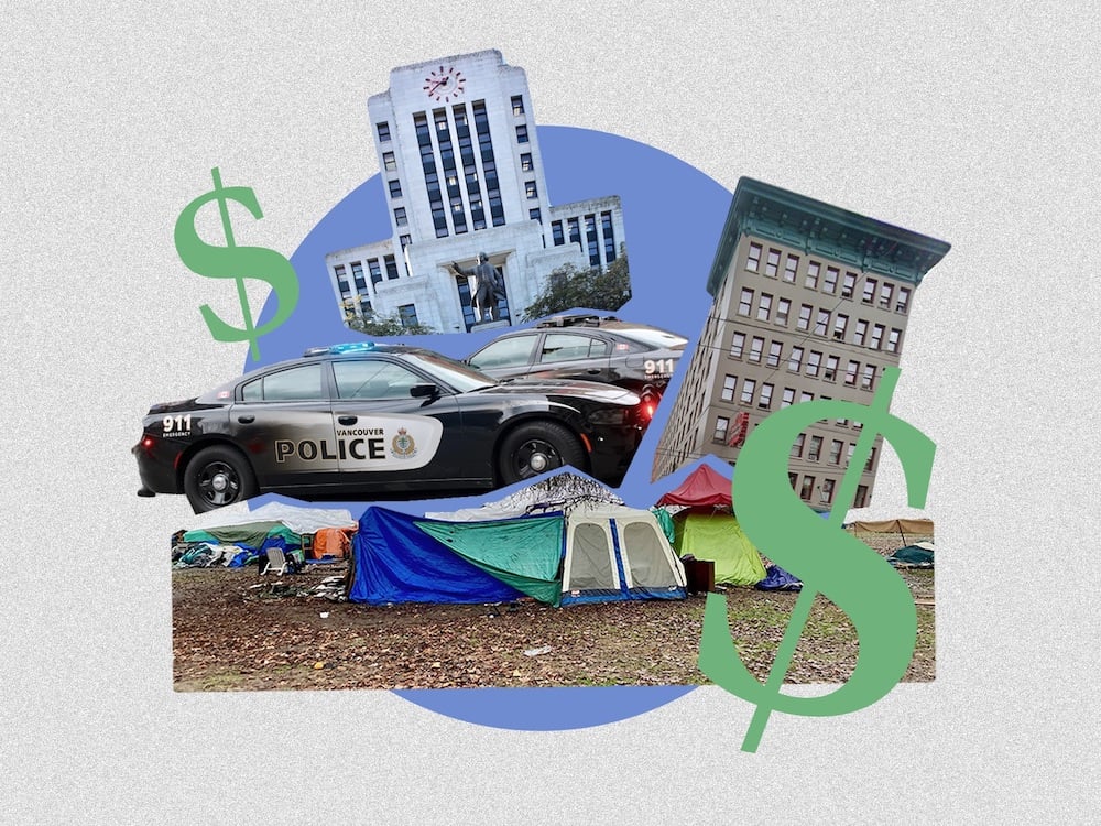 A photo collage displays green dollar signs, police cars, the façade of Vancouver City Hall, a tent city and a tall single-room occupancy hotel against a solid lavender circle laid against a textured grey background.