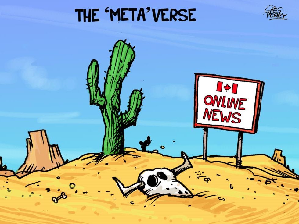 A cartoon titled 'The 'Meta'Verse' shows a desert landscape with a saguaro cactus, a bull skull and a sign reading 'ONLINE NEWS' with a Canadian flag.