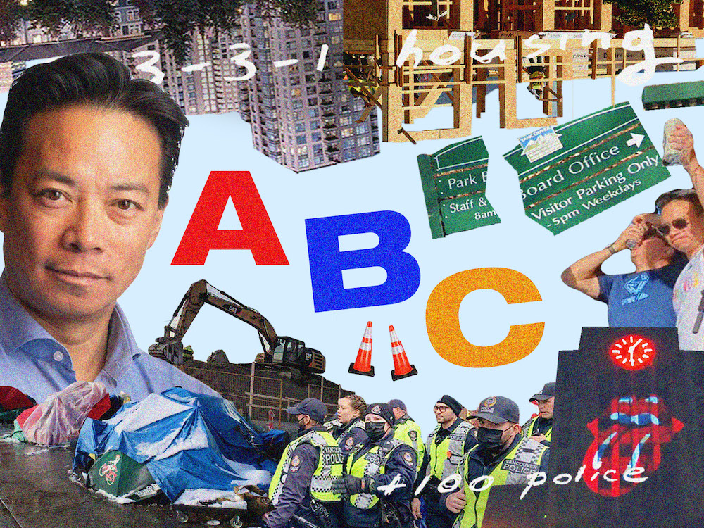 A photo collage features the letters 'ABC' in bold primary colours across the centre of the frame. To the left, a formal headshot of Vancouver Mayor Ken Sim in a blue button-down shirt rises above a tent city, a group of police officers and the facade of Vancouver City Hall. To the right of the frame, a green sign for Vancouver’s park board office is ripped in half.