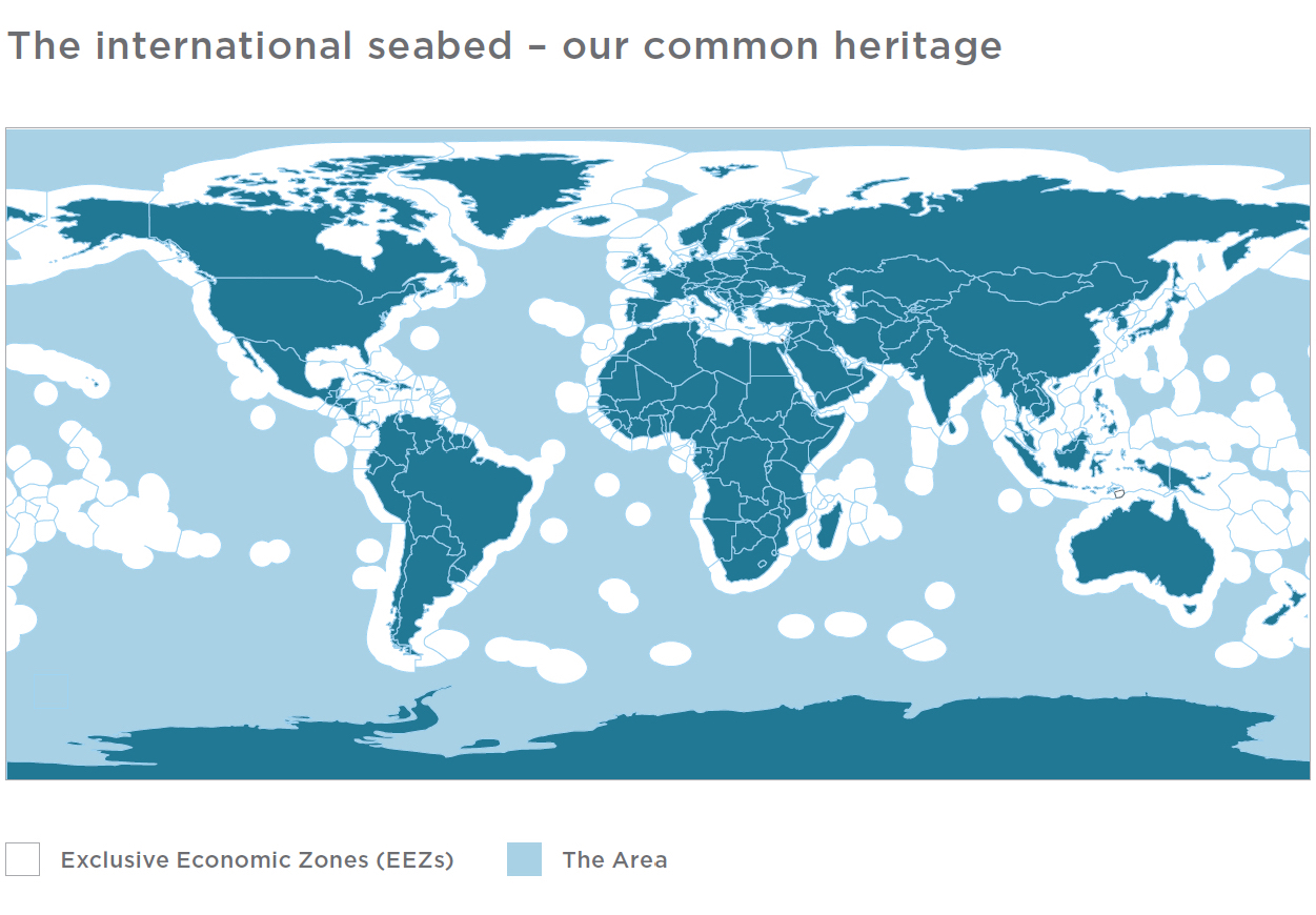 A map shows the continents and nationally claimed areas of the seabed.