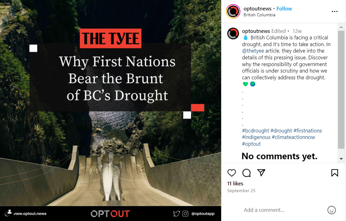 A view of an Instagram post from @optoutnews that includes The Tyee logo and the headline and cover image from the article titled ‘Why First Nations Bear the Brunt of BC’s Drought.’