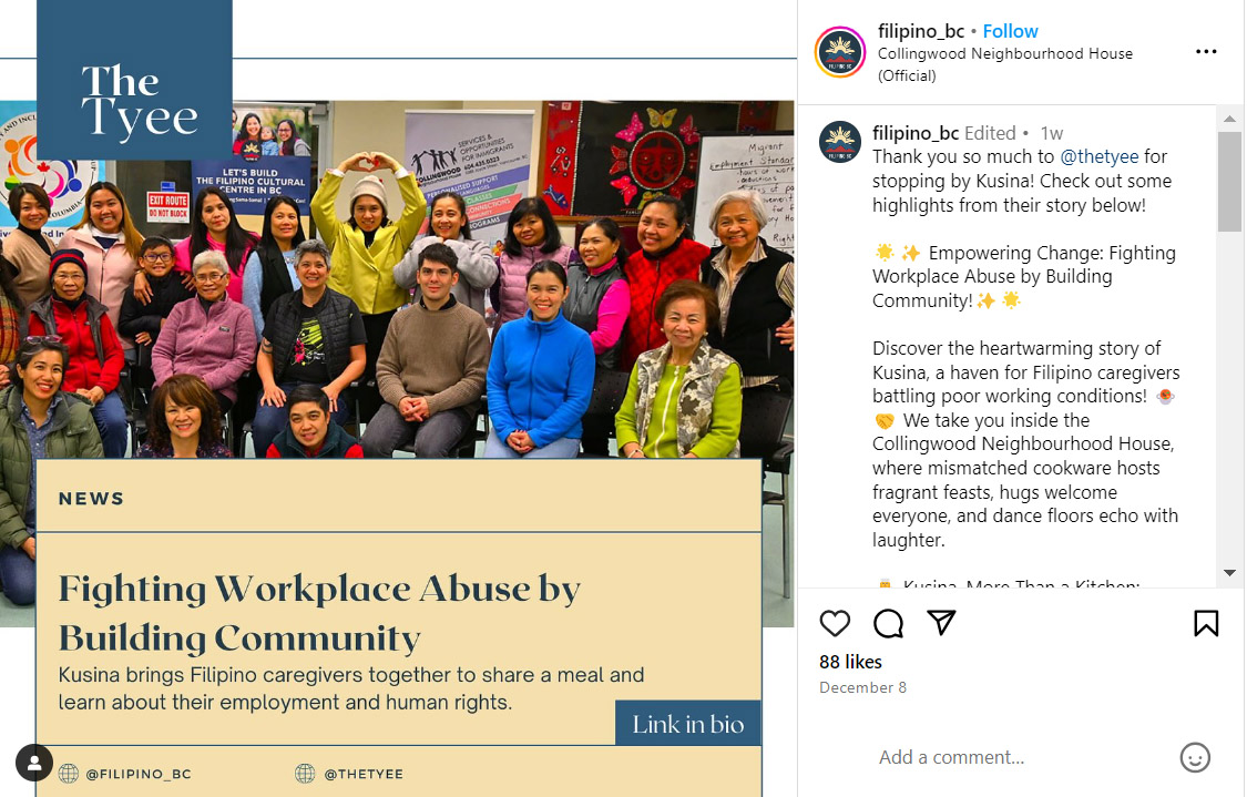 A view of an Instagram post from @filipino_bc that includes the lead image, headline and deck of the Tyee article ‘Fighting Workplace Abuse by Building Community.’