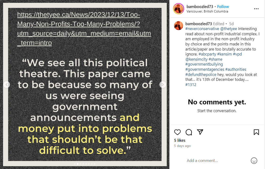 A view of an Instagram post from @bamboozled73 that includes a link to the Tyee article titled ‘Too Many Non-profits, Too Many Problems?’ and an excerpt from the article.