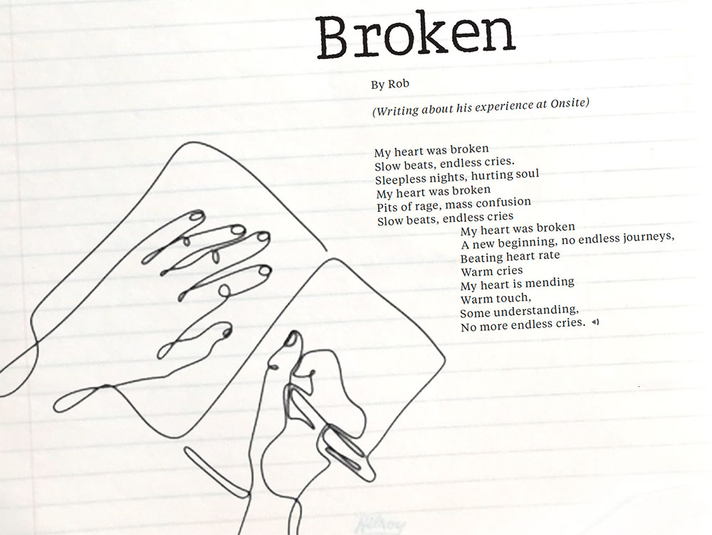 A poem titled 'Broken' by Rob. To the left of the poem is a line drawing of a writer's hands holding open a journal and writing in it.