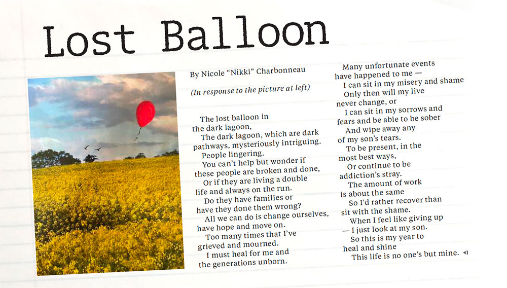 A poem titled 'Lost Balloon' by Nicole 'Nikki' Charbonneau. To the left of the poem is a photo of a field of yellow flowers with a red balloon floating over it in a cloud-dotted blue sky.