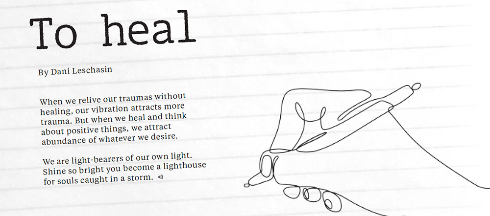 A poem titled 'To Heal' by Dani Leschasin. To the right of the poem is a line drawing of a hand holding a pen poised to write.
