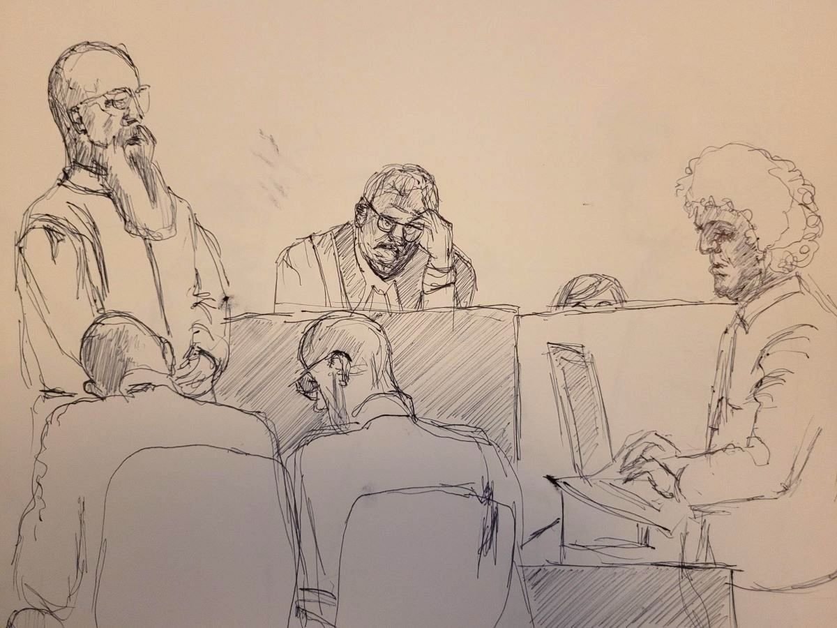 A sketch shows a courtroom scene including a man with a long beard and glasses standing to the left of the frame appearing to be in mid-speech.
