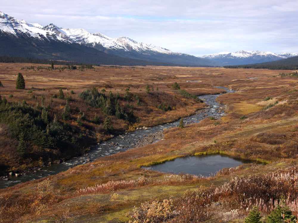 A landscape photo shows a stream running through a beautiful river valley lined with grasses and some shrubs and trees. At the edges of the valley, snow-capped mountains.