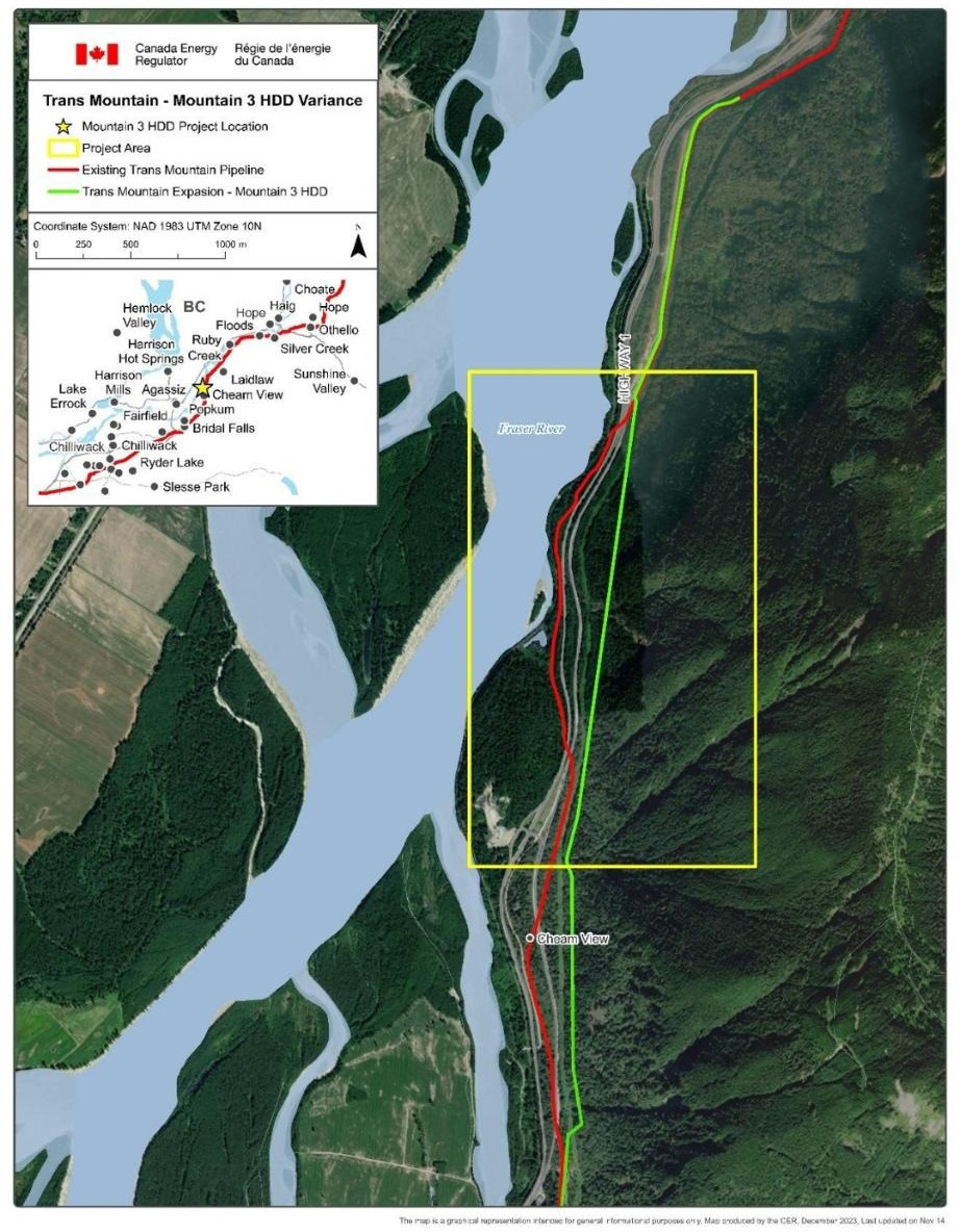 A map shows the Mountain 3 section of the Trans Mountain pipeline route.