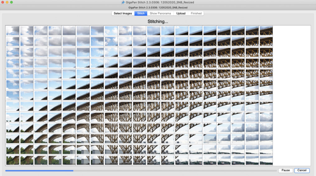The screenshot of a program with a 20-by-13 grid of images, stitching them together.