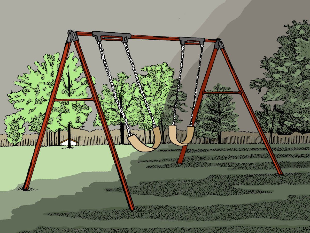 An illustration of a swing set on school grounds. A cloud hangs over the swing set. One swing is in motion.