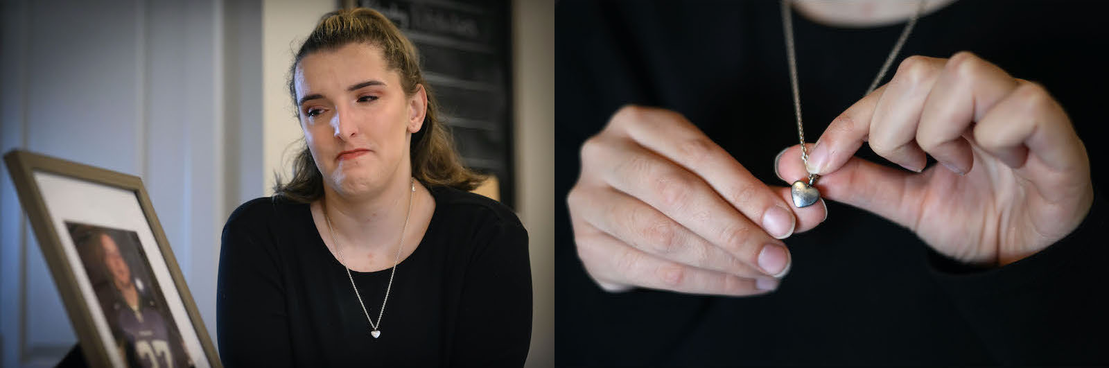Two photos side by side. On the left, a light-skinned woman with tied-back brown hair wearing a black shirt appears on the edge of tears. On the right, hands hold a small silver heart-shaped locket on a chain.