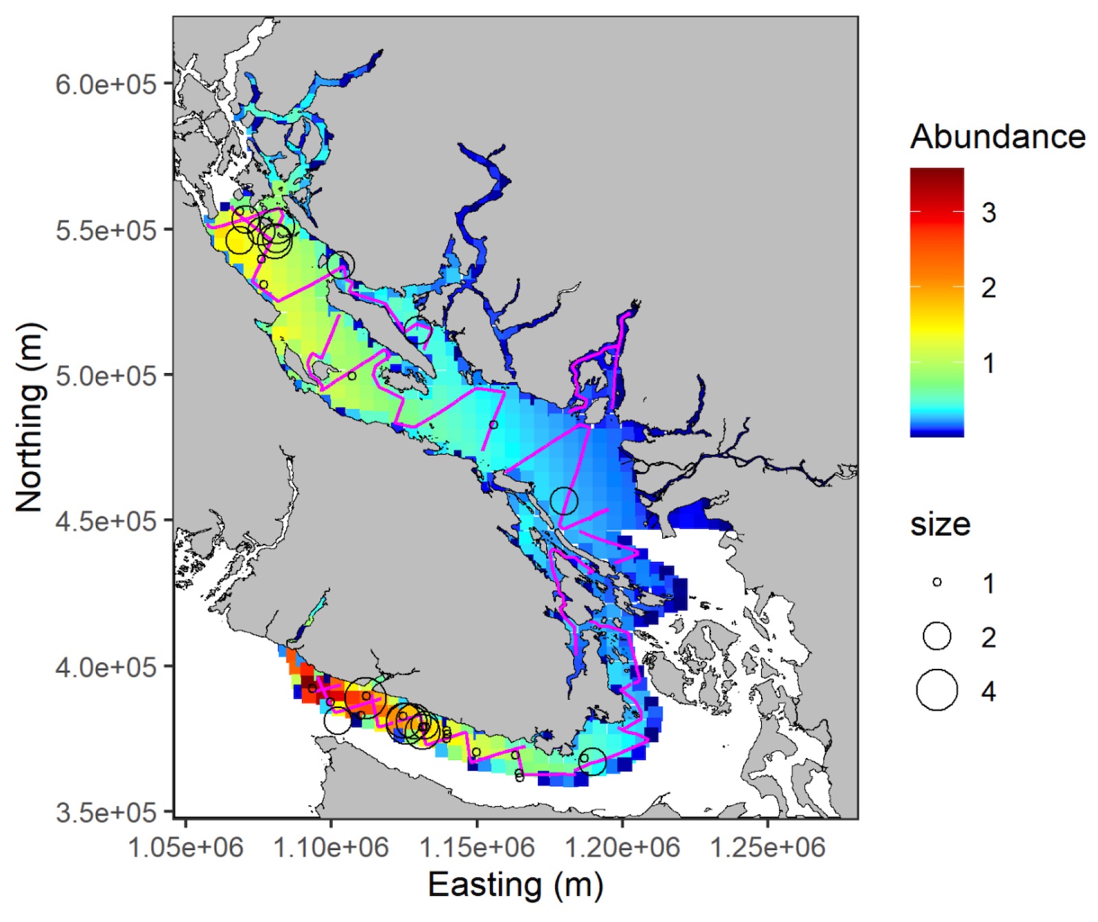 A map shows an area ringing Vancouver Island. The water is colour-coded based on estimated humpback whale densities.