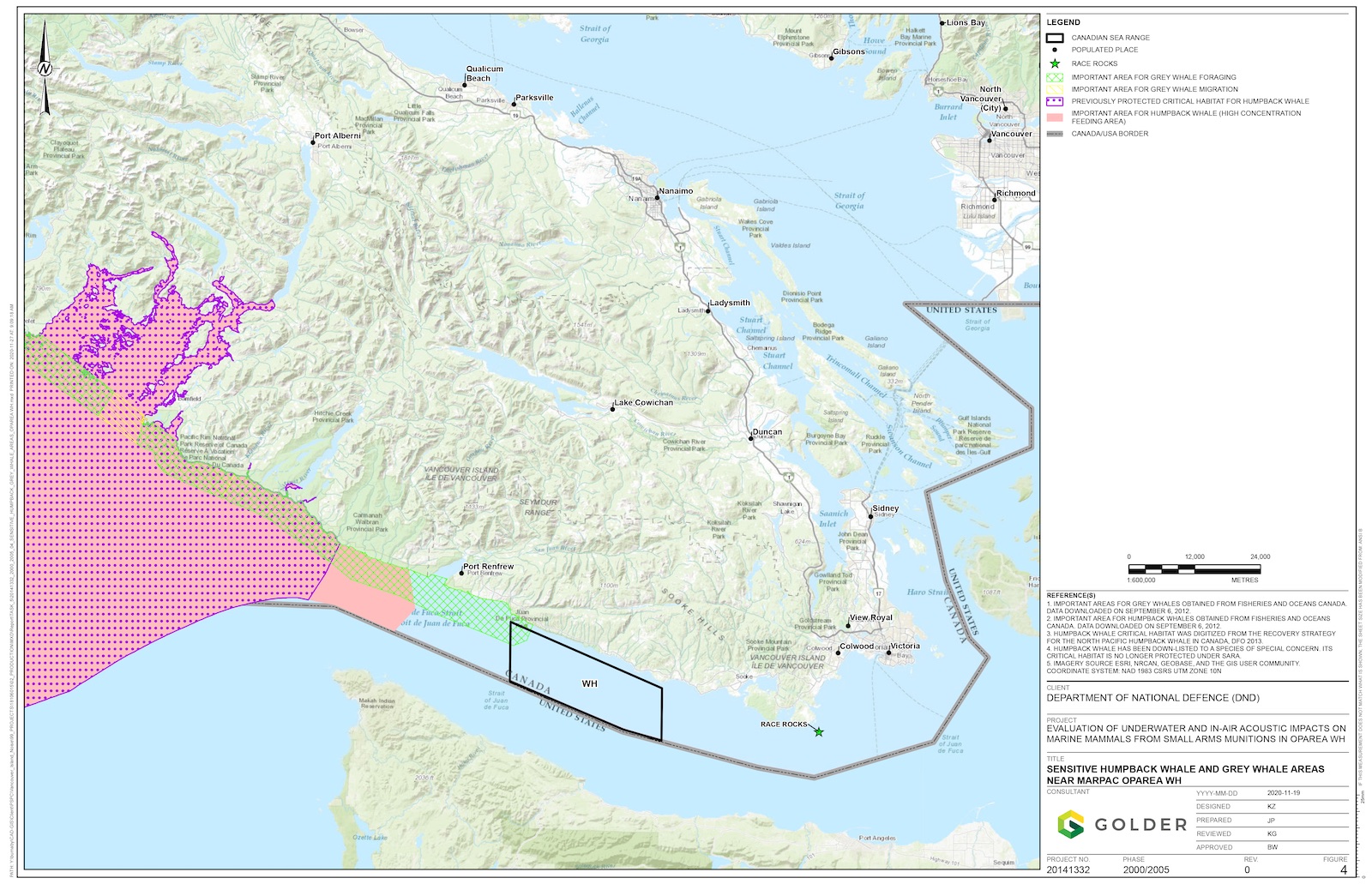A map of southern Vancouver Island and the waters surrounding it shows Whiskey Hotel, and colour-coded areas of importance to humpback and grey whales.
