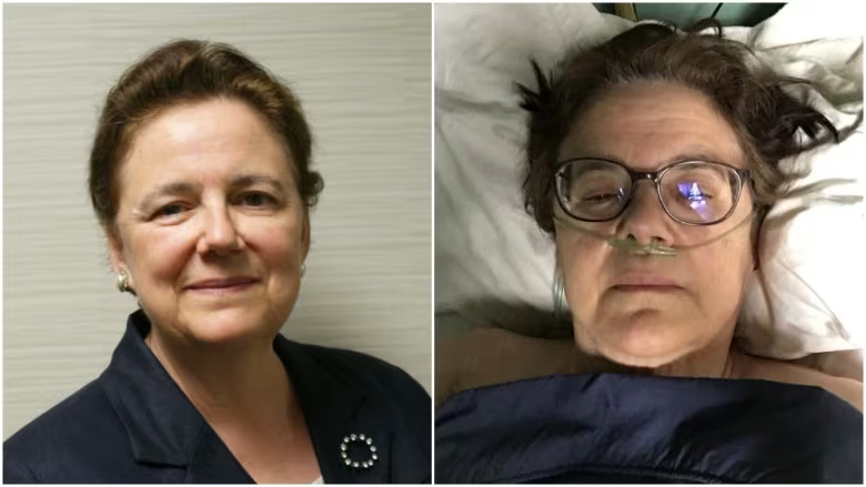 On the left, a middle-aged woman with styled hair wearing a business jacket. On the right, the same woman in bed, hair spread on a pillow and an oxygen supply below her nose.
