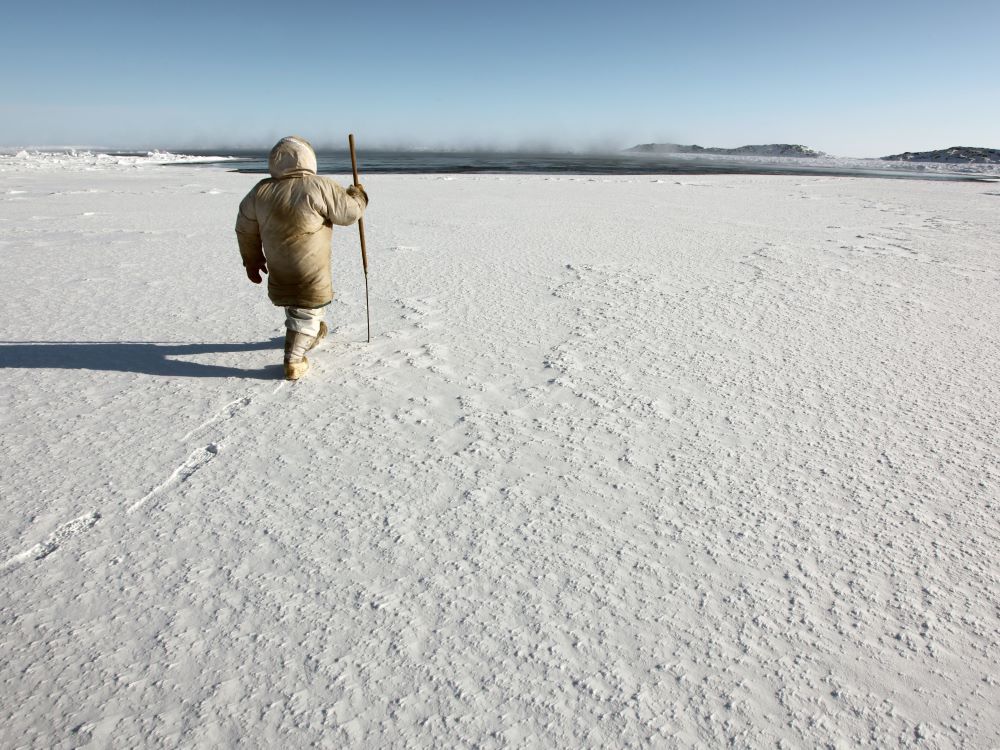 An Inuit hunter prepares to test the safety of sheet-white sea ice near Sanikiluaq, Nunavut, with a harpoon. Ahead, dark-coloured mist hovers above a body of water called a polynya.