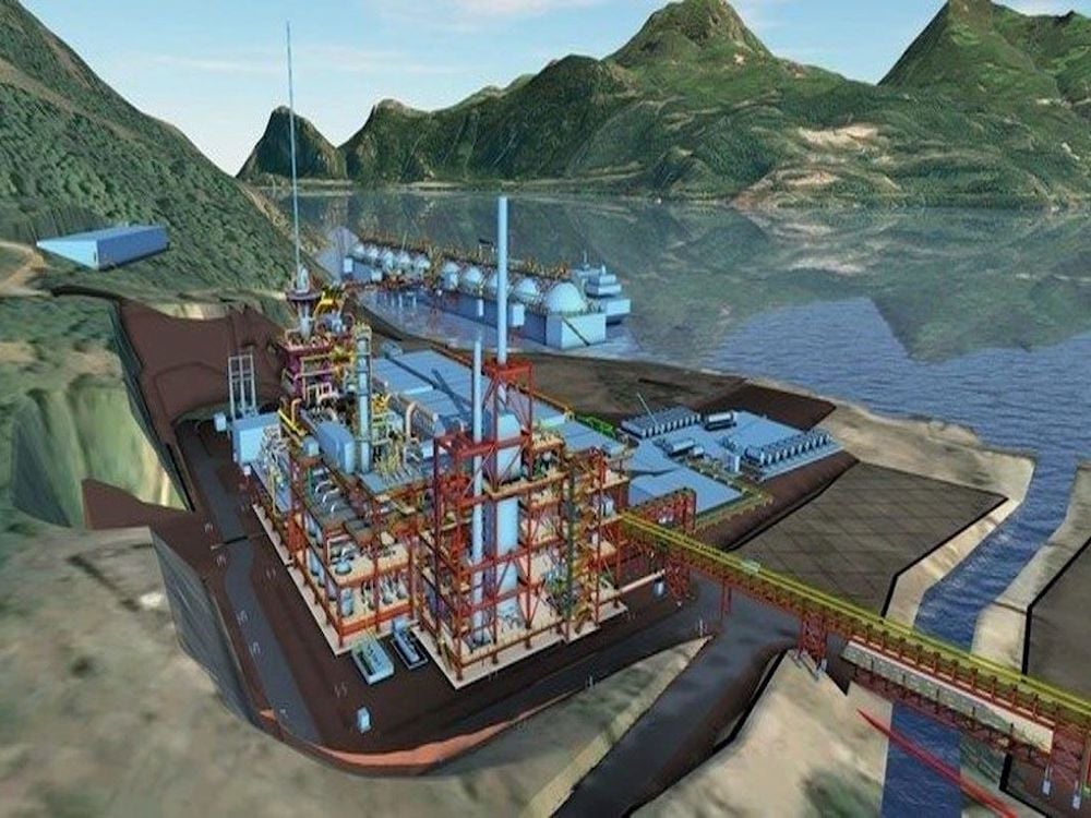 An artist's rendering shows an LNG facility at the water's edge, with mountains in the background.