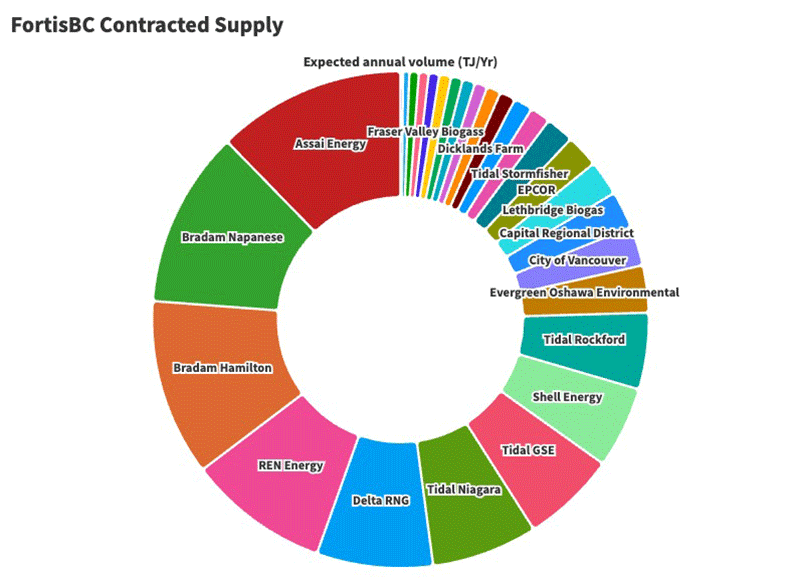 A colourful pie chart shows the many RNG suppliers FortisBC has contracts with. The left side of the chart shows the biggest suppliers, and on the righthand side many small suppliers contribute small amounts of RNG to the company’s total supply. 