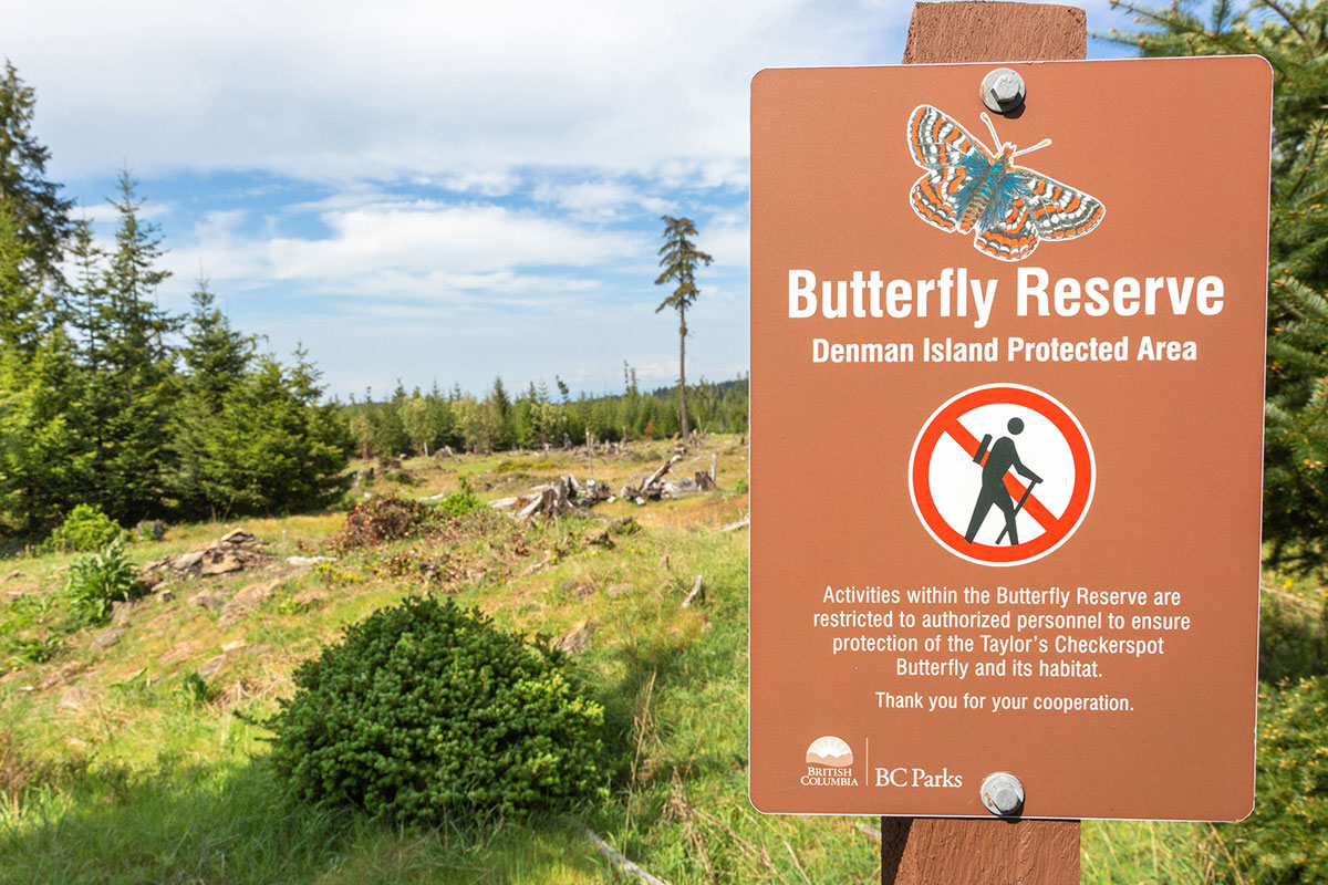 A sign reads, ‘Butterfly Reserve. Denman Island Protected Area.’ 