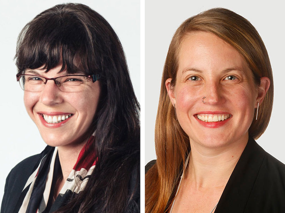 Side-by-side headshots of Andrea Reimer, left, and Christine Boyle, right, with both people seated and photographed at close range against white backgrounds. Reimer has light skin, long dark hair, bangs and glasses. She is wearing a dark blazer with a white, red and blue scarf. Boyle has light skin, long blond hair, a nose ring and silver earrings. She is wearing a black blazer.