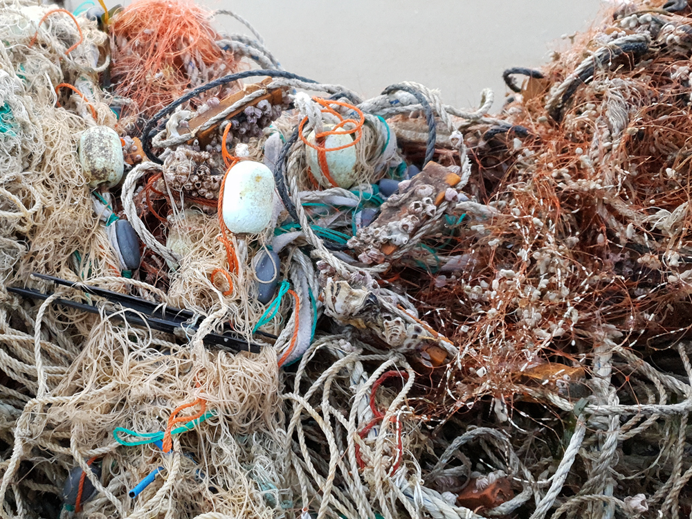 A tangle of fishing nets and floats.