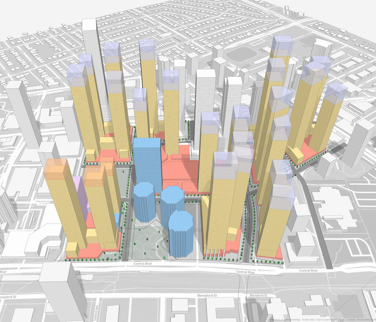 An architectural rendering of the towers part of the Metropolis redevelopment in yellow, pink, blue and purple.