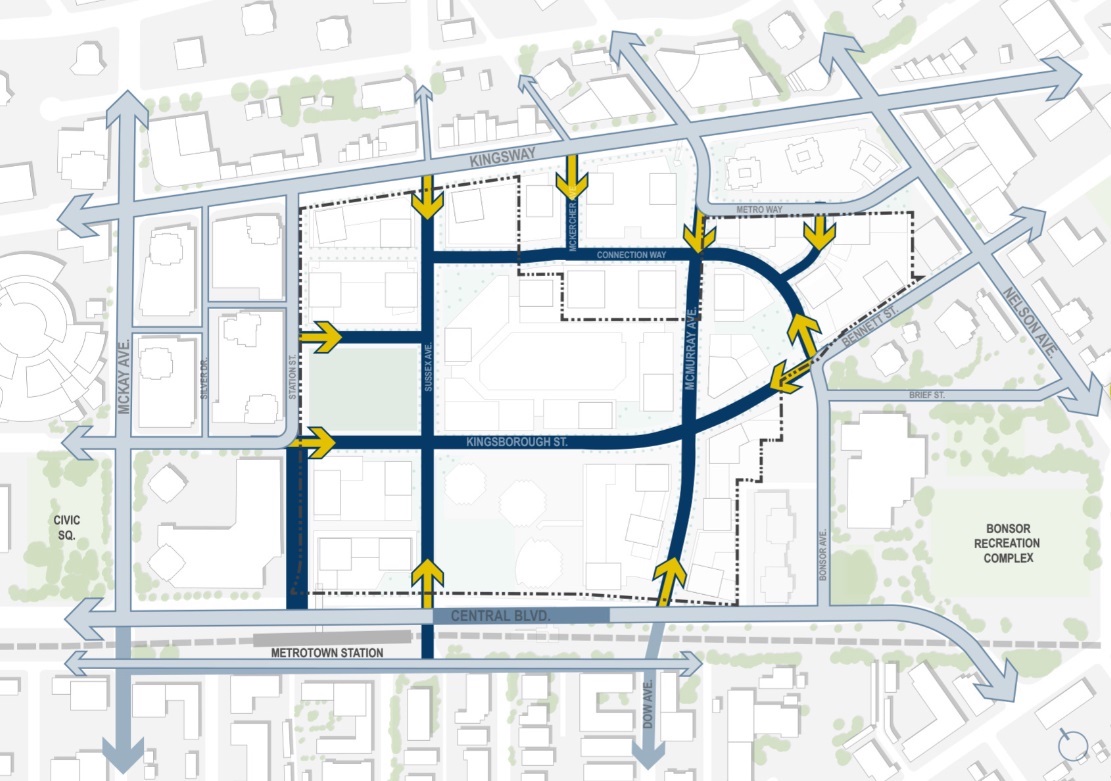 A white aerial map of the streets surrounding the Metropolis mall with blue, yellow and light green colourways.