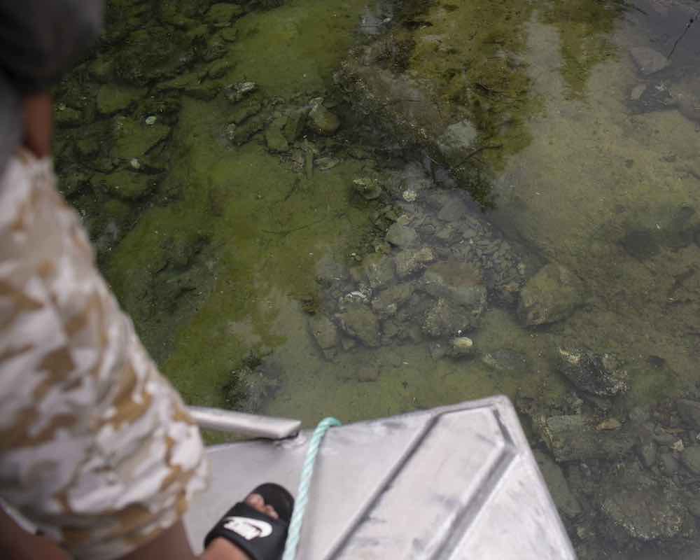 A person wearing beige shorts with a camo pattern and a black Nike soccer sandal stands on the edge of a dock; the rest of their body is not visible, and the focus is on the rocks under the surface of clear water. Most rocks are green but some are white, placed in a deliberate pattern for fishers to see.