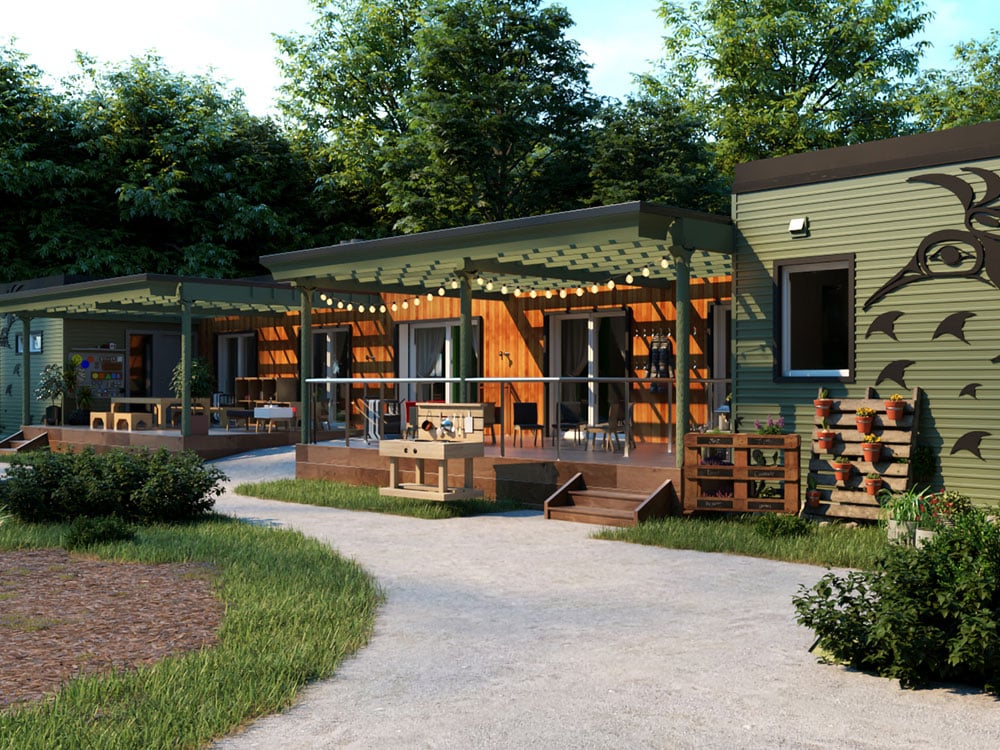 A rendering of a modular child-care building. It has green siding and wood panels, as well as covered outdoor areas.