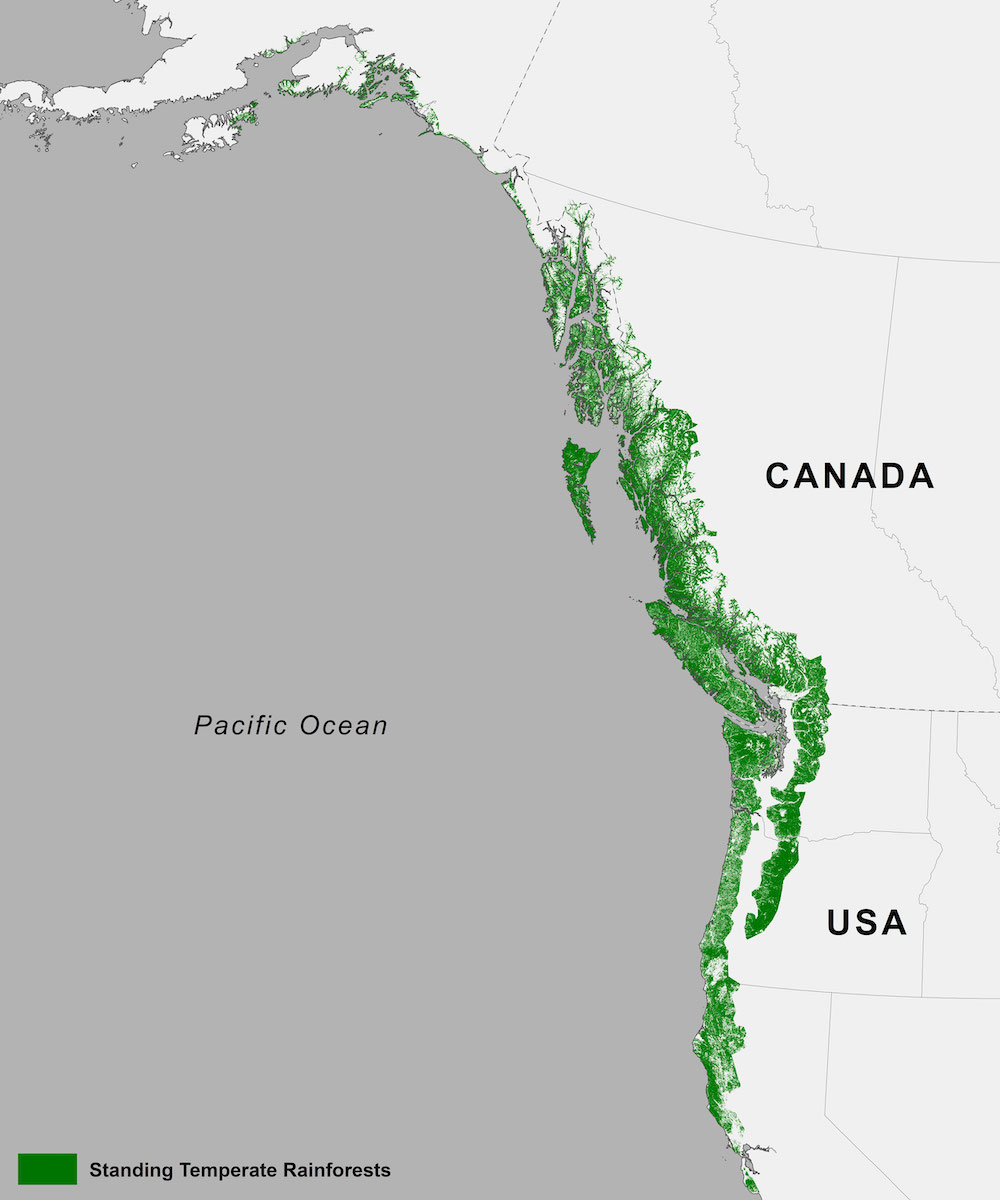 A map shows the coastal temperate rainforest in green. It is distributed from north to south, hugging the coast.