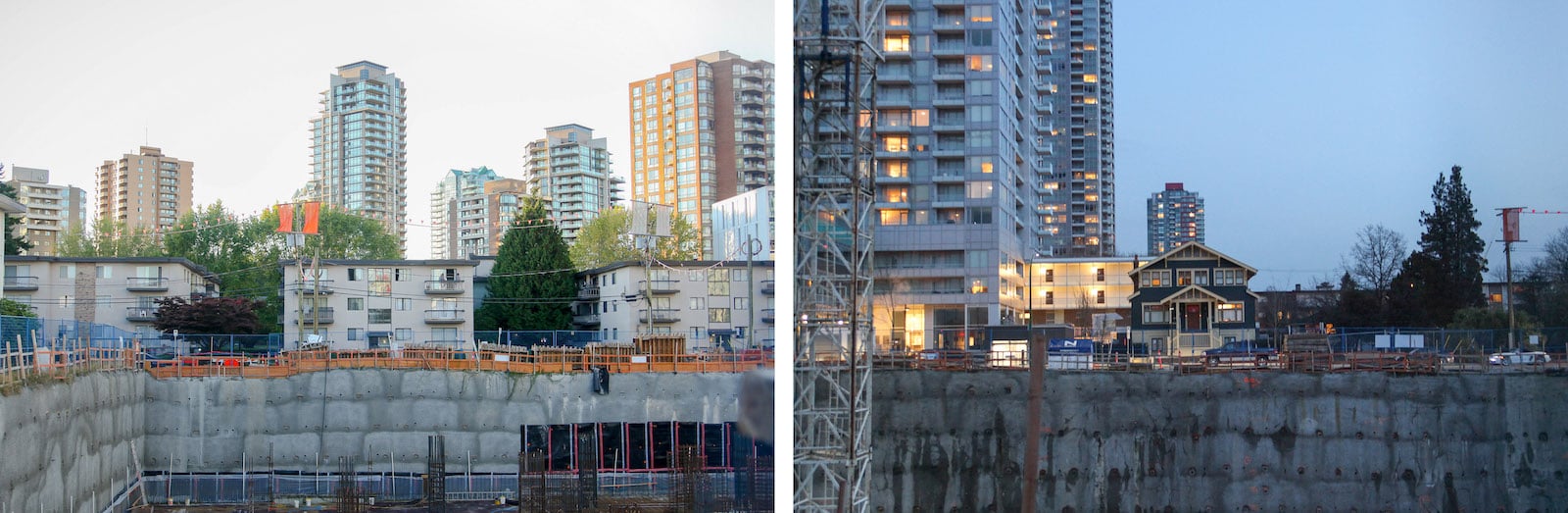 A two-panel image depicts, on the left, low-rise apartments before the sheer concrete walls of a large construction pit in the daytime; on the right, a single-family home sits over the pit at dusk, with highrise condo buildings to its left.