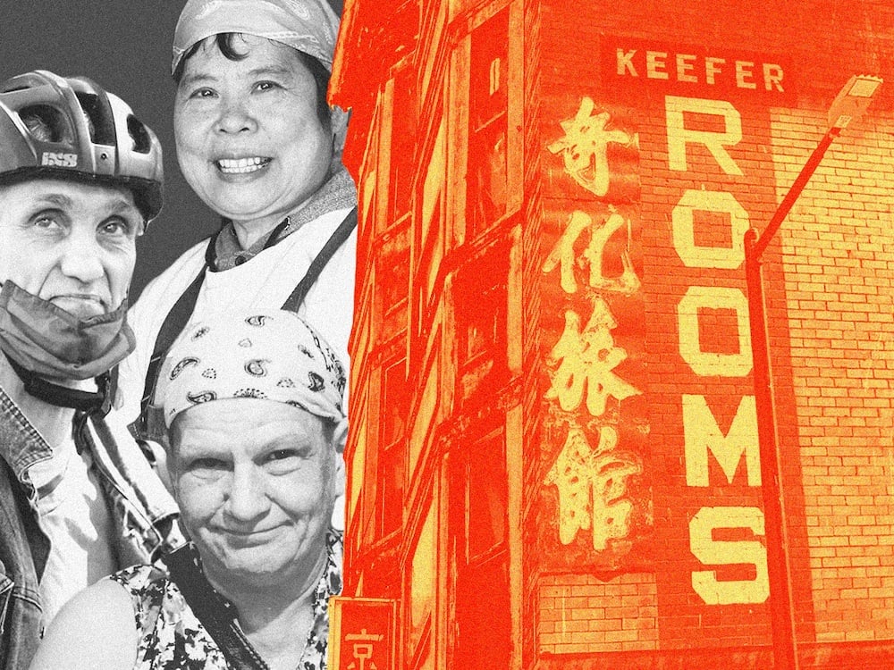 A two-panel image features the side of an old building in red and light yellow colourways. The brick wall facing the camera reads 'Keefer Rooms' with a vertical line of Chinese characters to its left. To the left is a collage featuring portraits of three people. From top: a Chinese woman wearing a headband; a man with light skin wearing a bike helmet and a medical mask partially covering his chin; a woman with light skin wearing a headscarf.