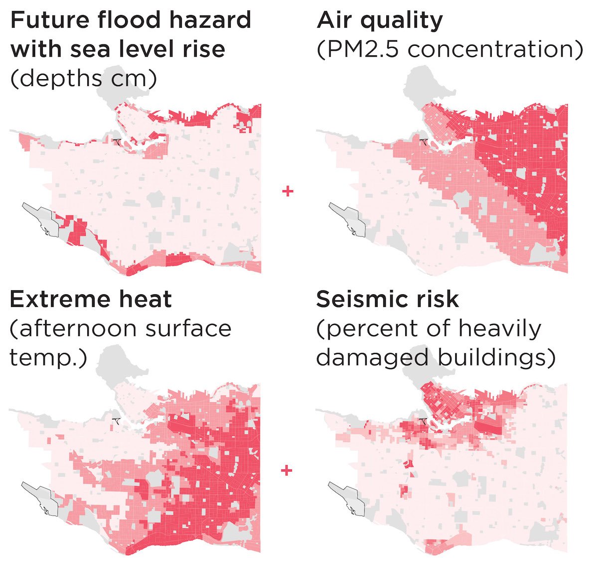 Four maps across each quadrant of the page use red and grey colourways to denote flood hazard, air quality, extreme heat and seismic risk in Vancouver’s Downtown Eastside.
