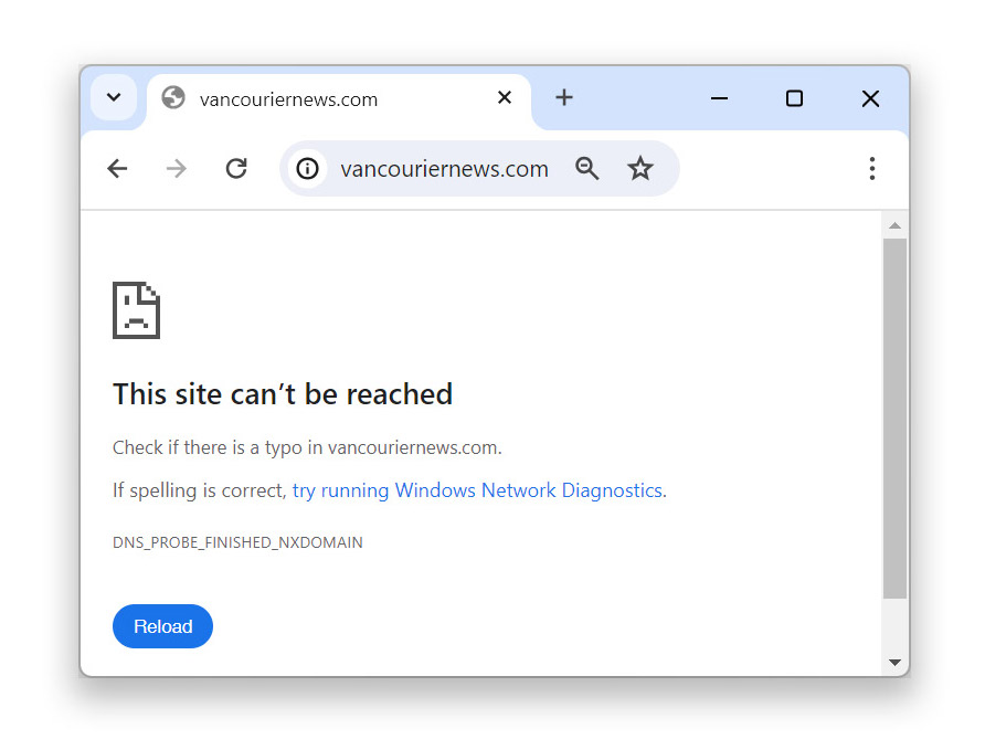 A white digital screenshot displays an error notification that says 'This site can&rsquo;t be reached' with 'Vancouriernews.com' in the browser.