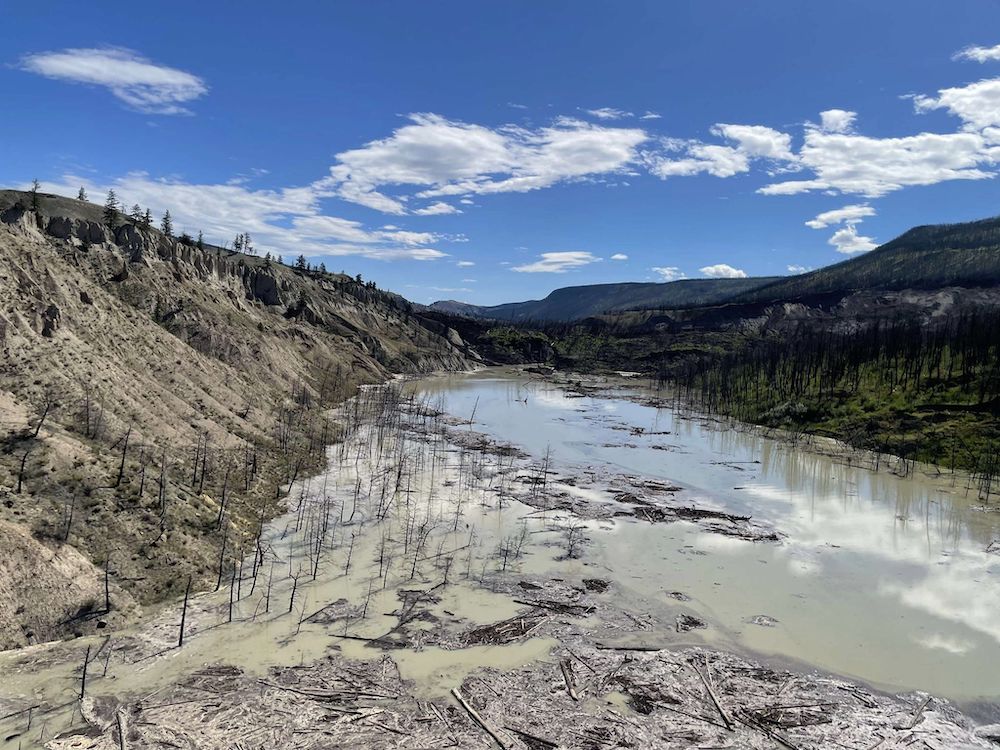 The water level of the Chilcotin River has risen to engulf surrounding land and trees.