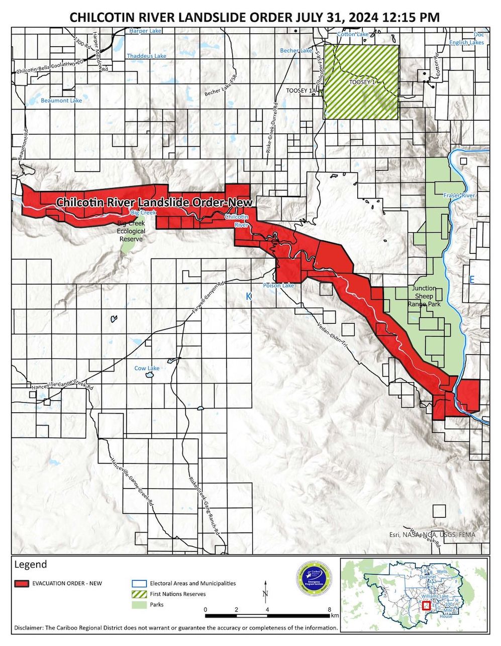 A red boundary follows the Chilcotin River; the evacuation order stretches about one to two kilometres on either side of the river.
