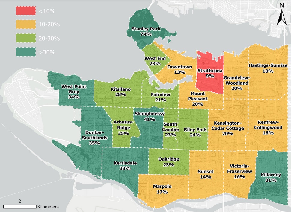 A map shows Vancouver neighbourhoods colour-coded to display their relative canopy cover. The west side of the city is relatively green. The right side of the city is mostly yellow. Strathcona is red. Downtown is yellow. The west end and Stanley Park are green.