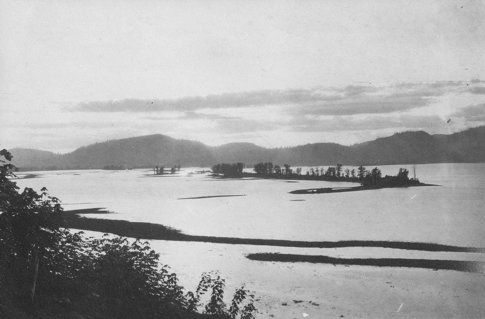 An archival black and white photograph of Sumas Lake, which features spits in the water, is foregrounded by shrubbery and is set against a low mountain range.