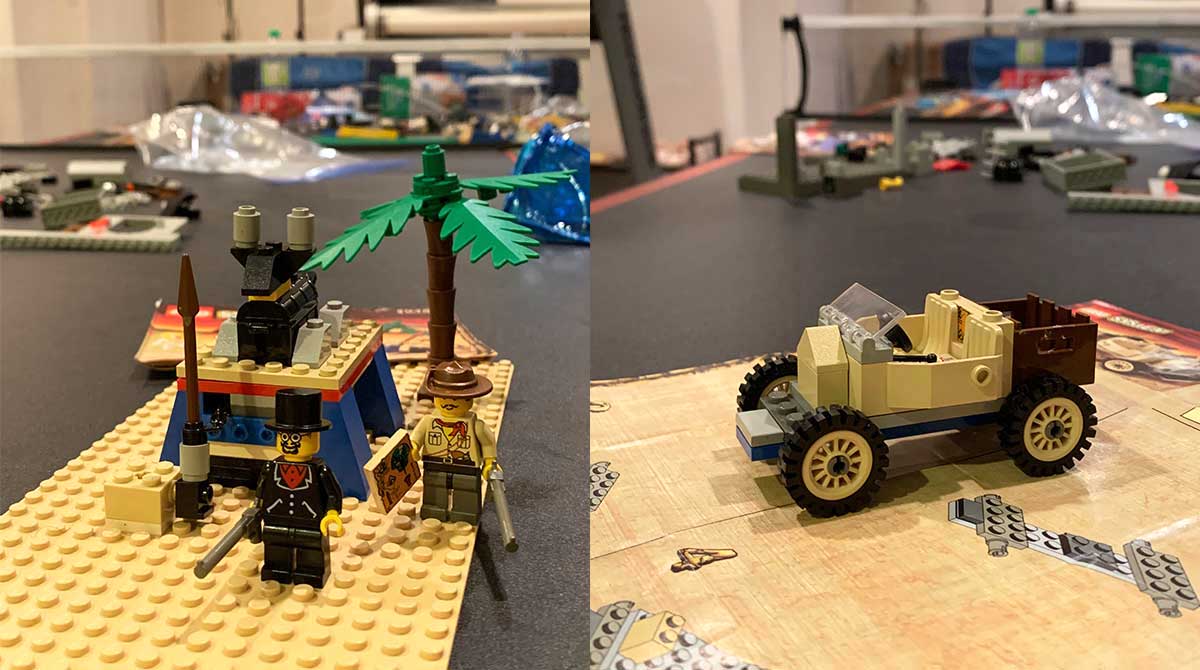 A diptych of a Lego jeep set and a set with a pyramid, two figurines with guns and a palm tree.