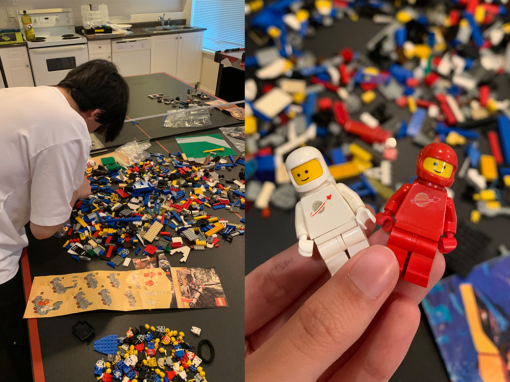 A diptych. On the left, a young man with dark hair assembles Lego sets on a ping-pong table in a basement. On the right, a hand holds two small Lego figures.