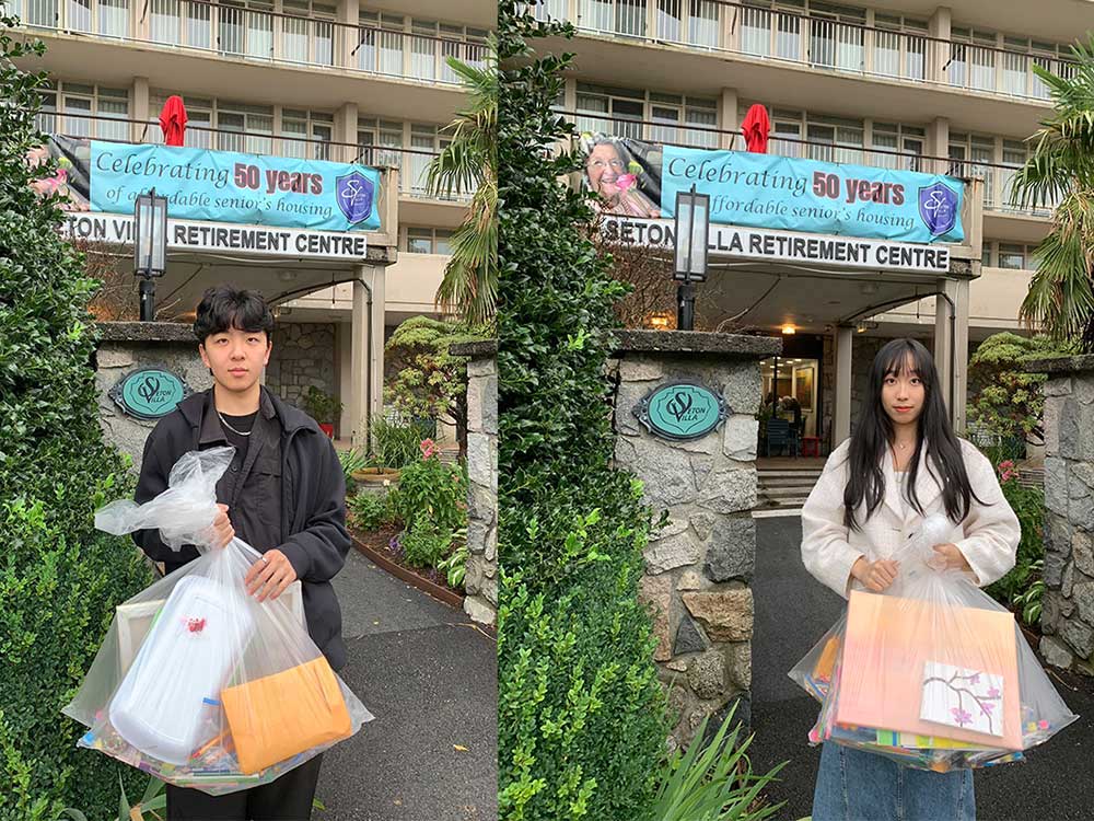 A diptych of two young people with medium fair skin and dark hair, holding clear plastic bags of arts supplies and standing outside a concrete building with stone entry pillars.
