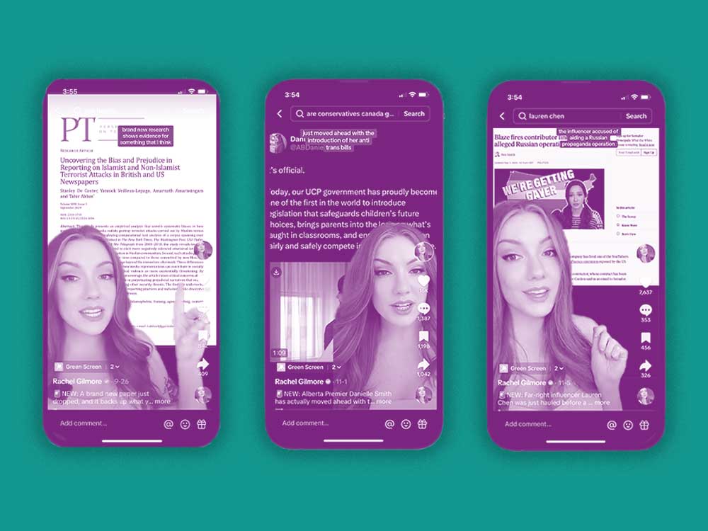 Three iPhones, each with images of the same white woman in her 30s speaking with different backgrounds showing headlines and images.