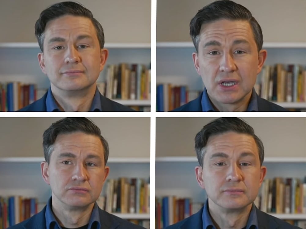 A composite of four images of the same man displaying different facial expressions. He has light skin and short dark hair and is wearing a blue collared shirt. A shelf of books can be seen behind him.