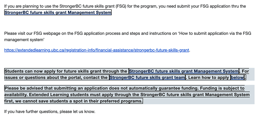 A screenshot of an email where some text is URL links, some is paragraphs of information, and some links are embedded in the paragraphs in larger font, in rectangle boxes. 