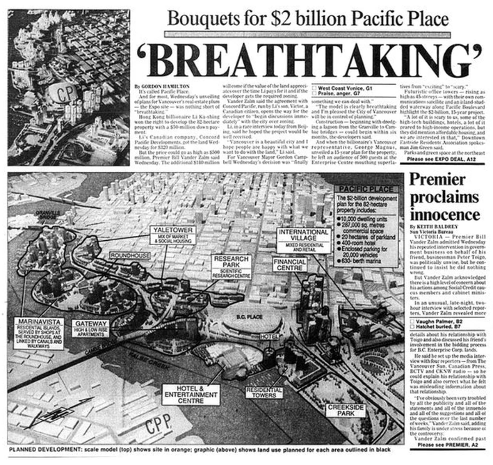 A newspaper clipping reads 'BREAKTAKING' in all caps with the heading 'Bouquets for $2 billion Pacific Place' above it. A labelled map of the Expo lands appears below the article, with BC Place visible in the centre.
