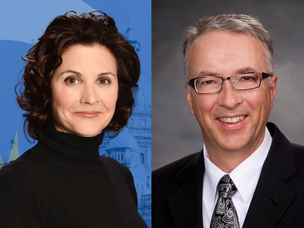Two photos. A 50-ish light-skinned woman with black hair and wearing black is on the left. A 61-year-old light-skinned man with grey hair wearing a suit is on the right.