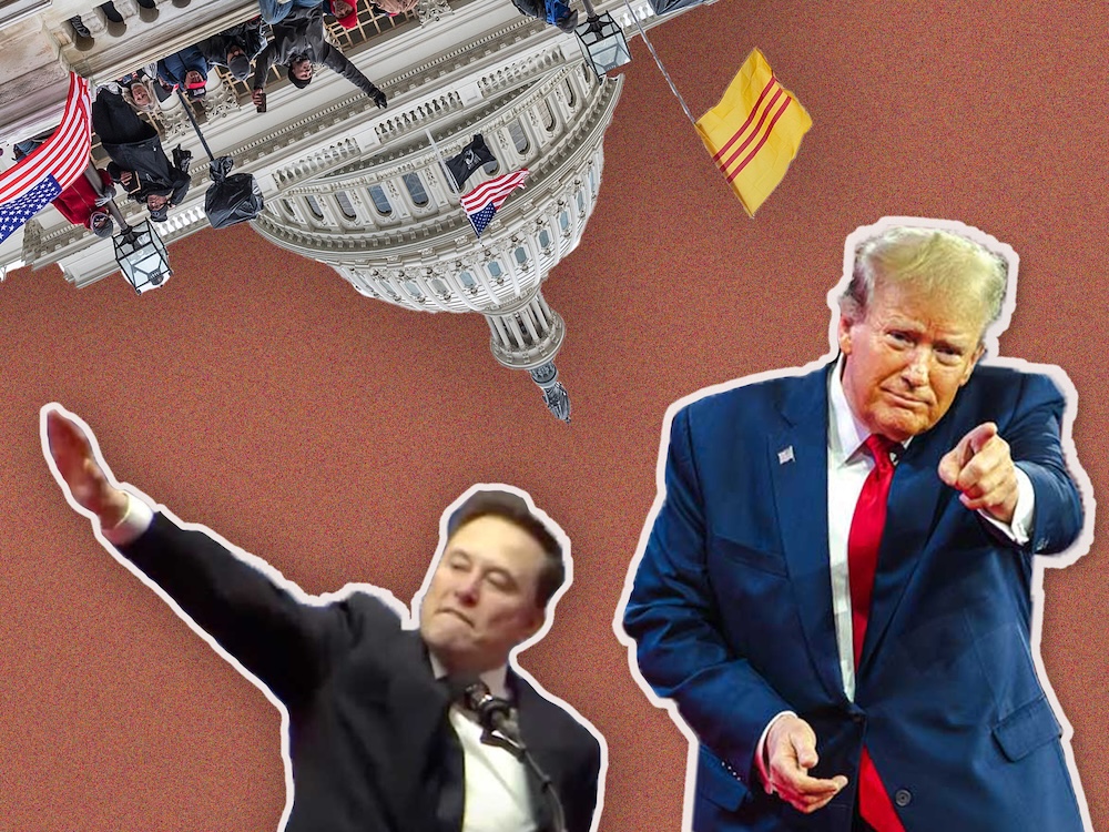 A light-skinned man in a dark suit does a Nazi salute. Another light-skinned man in a blue suit and a red tie points at an unseen audience. Above both is a tilted image of the mob at the U.S. Capitol on Jan. 6.